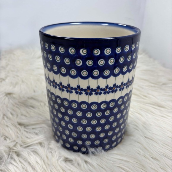 Bolesławiec Polish Pottery Flowering Peacock Utensil Jar Blue Dot Floral